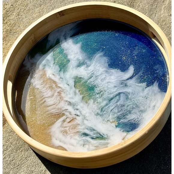 Ocean Resin Art in 10” Bamboo tray, Original Art - Picture 6 of 10